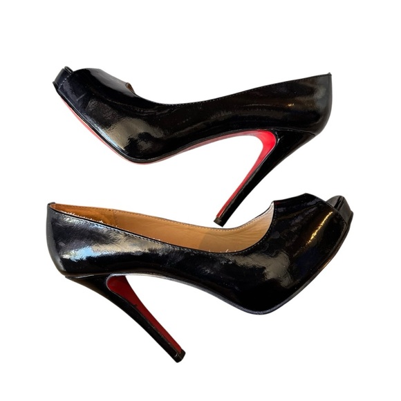 Christian Louboutin - Black Patent Peep-Toe Stiletto Heels Red Soles Sz 38 - Picture 8 of 12
